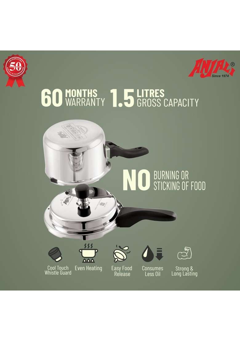 ANJALI Terra Triply Stainless Steel Pressure Cooker | 1.5 L | 1.6 Qt | Induction Compatible - Indya