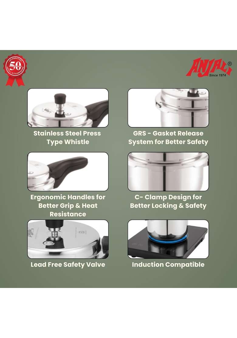 ANJALI Terra Triply Stainless Steel Pressure Cooker | 1.5 L | 1.6 Qt | Induction Compatible - Indya