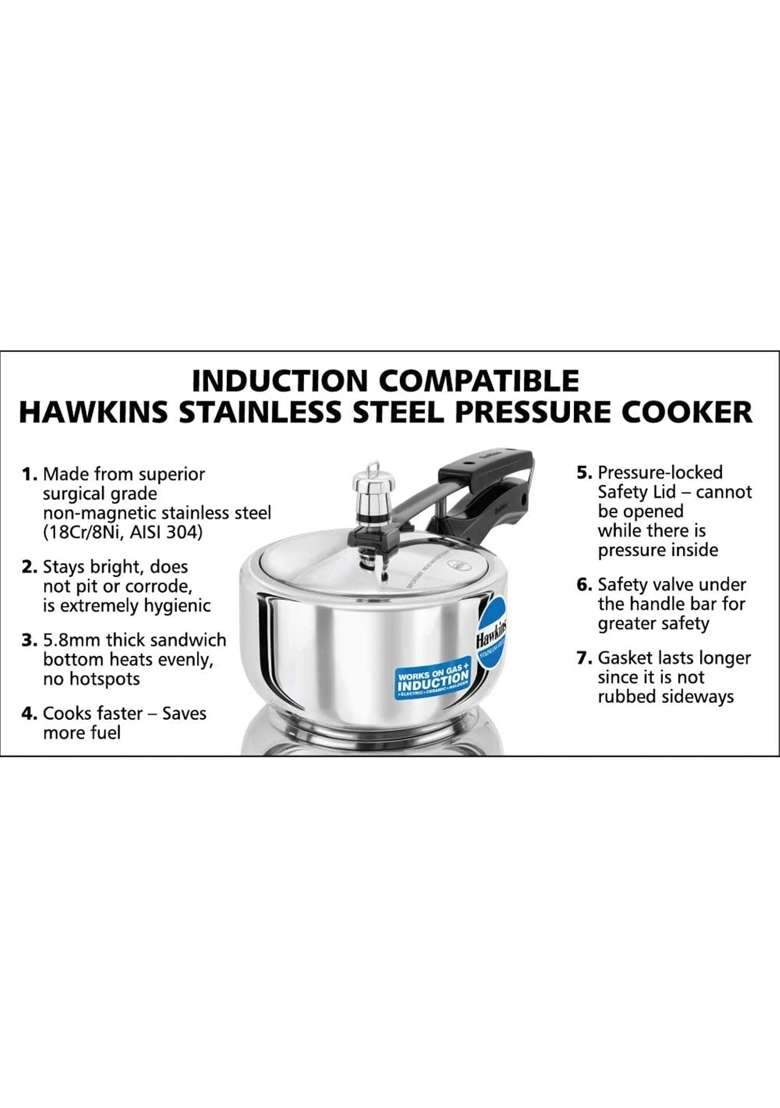 Hawkins Stainless Steel Induction Compatible Pressure Cooker | 2 L | 2.1 Qt | 24 cm | 9.4 Inch | Tri-Ply - Indya