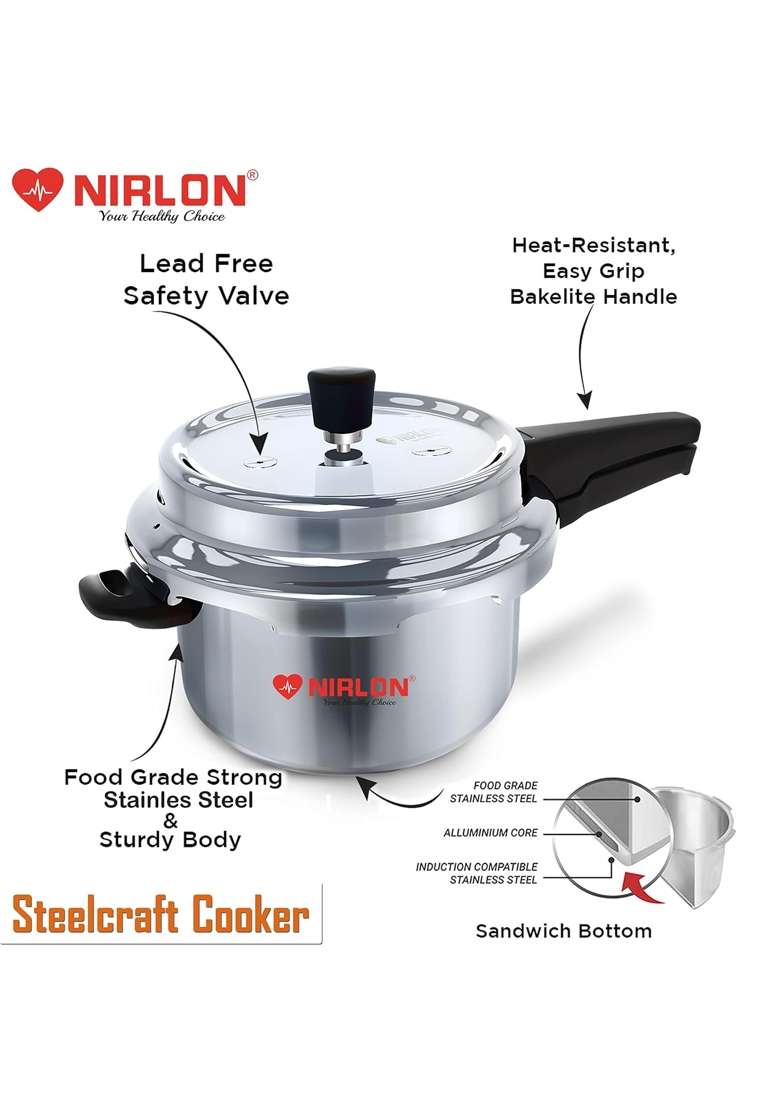 NIRLON Induction Compatible Outer Lid Stainless Steel Pressure Cooker | 3.5 L | 3.7 Qt - Indya