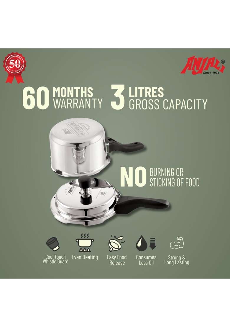 ANJALI Terra Triply Stainless Steel Pressure Cooker | 3 L | 3.2 Qt | Induction Compatible - Indya