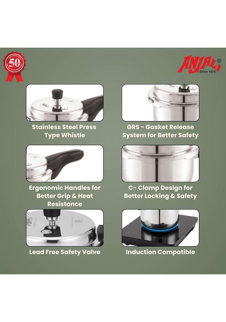 ANJALI Terra Triply Stainless Steel Pressure Cooker | 3 L | 3.2 Qt | Induction Compatible - Indya