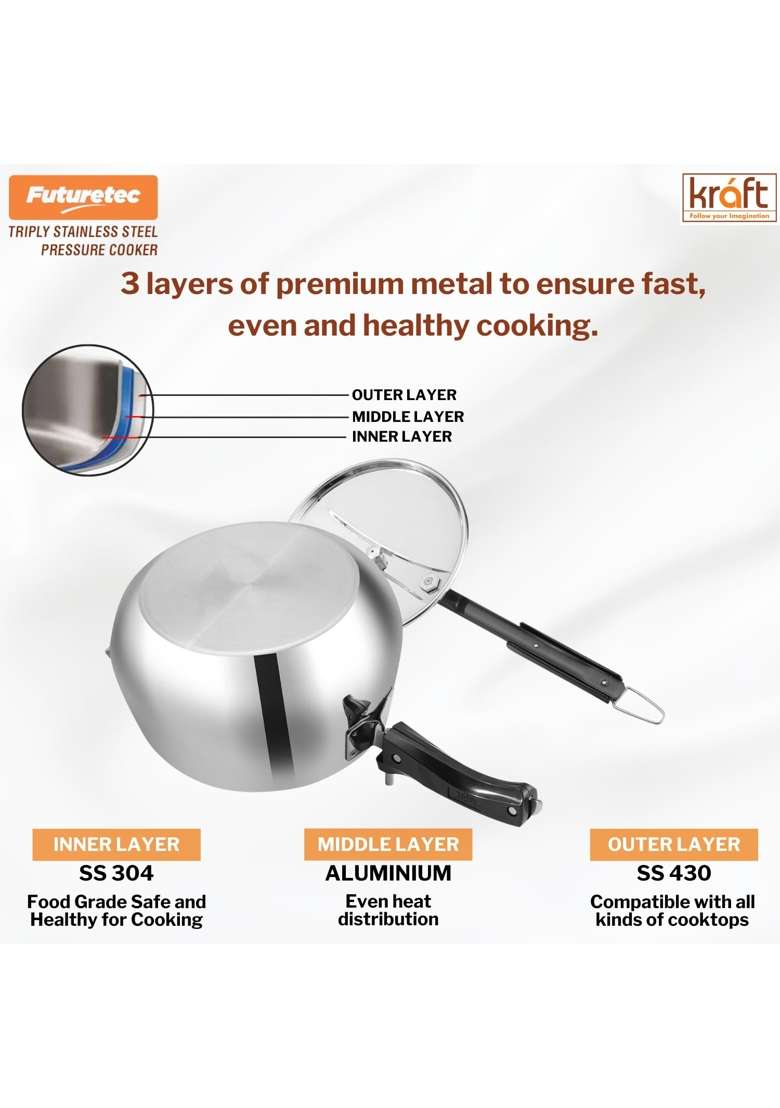 Kraft- follow your imagination Kraft Futuretec Triply Stainless Steel Pressure Cooker Inner Lid | 5 L | 5.3 Qt | Induction Compatible - Indya
