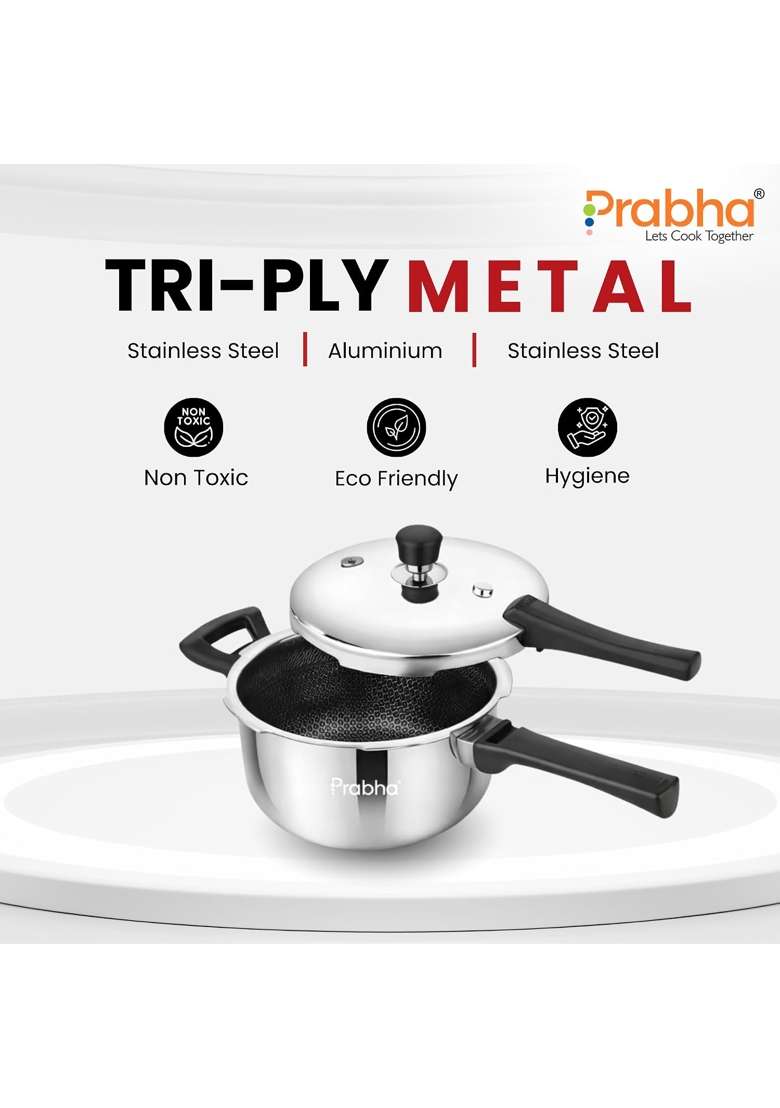 Prabha Stainless Steel Pressure Cooker Outer Lid Tri-Ply Hexa Cube Non-Stick Manual | 5 L | 5.3 Qt | Induction Compatible - Indya