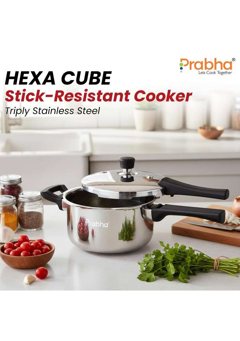 Prabha Stainless Steel Pressure Cooker Outer Lid Tri-Ply Hexa Cube Non-Stick Manual | 5 L | 5.3 Qt | Induction Compatible - Indya