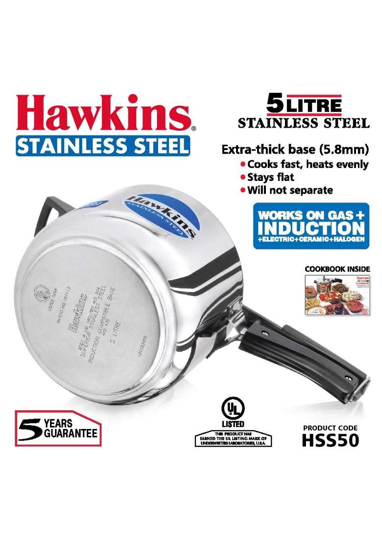 Hawkins Pressure Cooker | 5 L | 5.3 Qt | Induction Compatible | Tri-Ply | With Lid - Indya