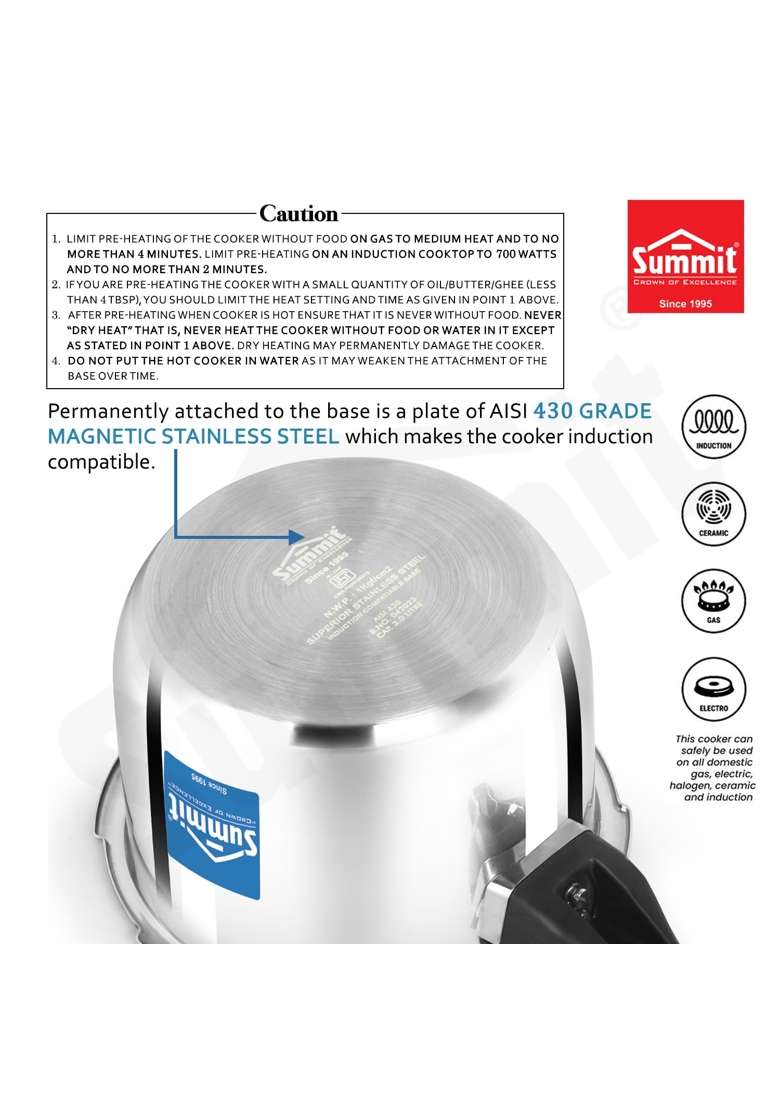 SUMMIT OuterLid Triply Induction Elite Stainless Steel Preesure Cooker | 3 L | 3.2 Qt - Indya