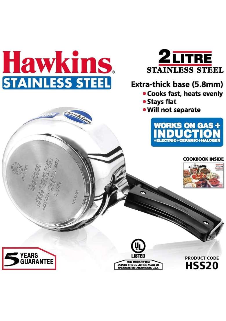 Hawkins Stainless Steel Pressure Cooker | 2 L | 2.1 Qt | Tri-Ply - Indya