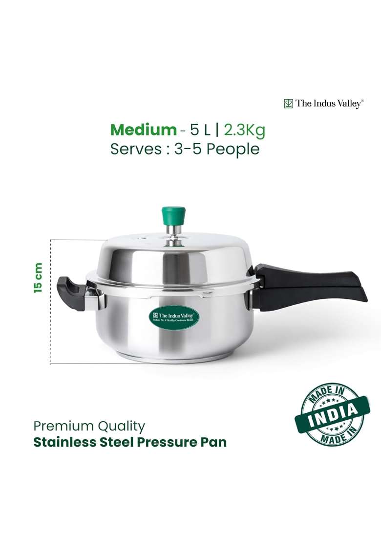 The Indus Valley Stainless Steel Pressure Cooker Pressure Pan | 5 L | 5.3 Qt | Induction Compatible - Indya