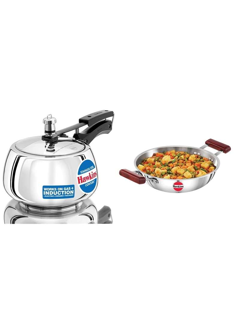Hawkins Stainless Steel Contura Pressure Cooker and Tri-ply Stainless Steel Deep-Fry Pan | 3 L | 3.2 Qt - Indya