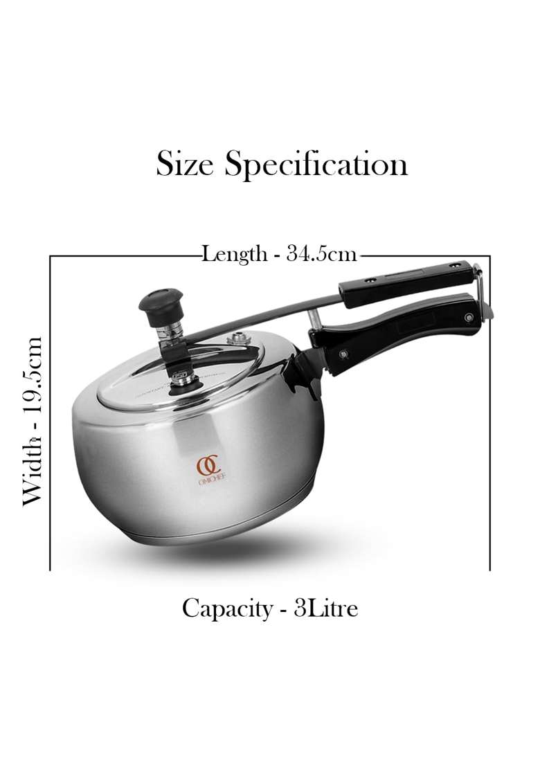 Omichef Sandwich Bottom Stainless Steel Pressure Cooker | 3 L | 3.2 Qt | Induction Compatible | Non-Toxic | Food Safe | Rust Resistant - Indya