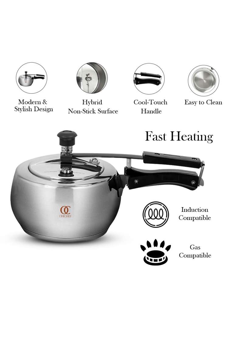 Omichef Sandwich Bottom Stainless Steel Pressure Cooker | 3 L | 3.2 Qt | Induction Compatible | Non-Toxic | Food Safe | Rust Resistant - Indya