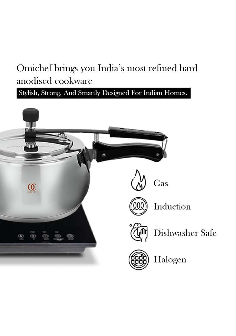 Omichef Sandwich Bottom Stainless Steel Pressure Cooker | 3 L | 3.2 Qt | Induction Compatible | Non-Toxic | Food Safe | Rust Resistant - Indya