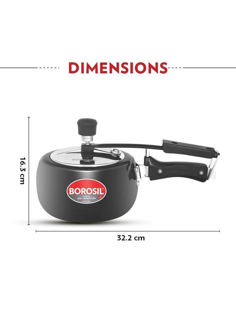 Borosil Pronto Hard Anodized Pressure Cooker with Stainless Steel Lid | 2 L | 2.1 Qt | Induction Compatible | Dishwasher Safe - Indya