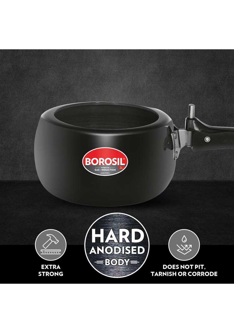 Borosil Pronto Hard Anodized Pressure Cooker with Stainless Steel Lid | 2 L | 2.1 Qt | Induction Compatible | Dishwasher Safe - Indya