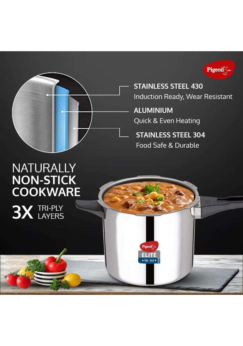 Pigeon By Stovekraft Elite Sine Tri-Ply Body Outer Lid Pressure Cooker Induction | 3 L | 3.2 Qt - Indya