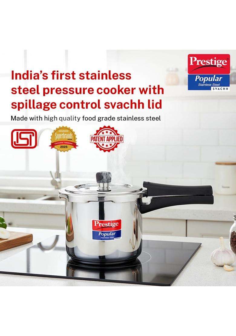 Prestige Stainless Steel Popular Svachh Outerlid Pressure Cooker | 3 L | 3.2 Qt | Induction Compatible - Indya