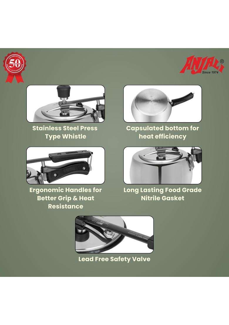 ANJALI Triply Stainless Steel Pressure Cooker with Inner Lid | 5 L | 5.3 Qt | Induction Compatible - Indya