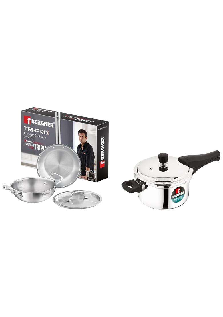 BERGNER TriPro Tri-Ply Stainless Steel Cookware Combo | 3 L | 3.2 Qt | 24 cm | 9.4 Inch | 4-Piece Set | Induction Compatible | With Lid - Indya