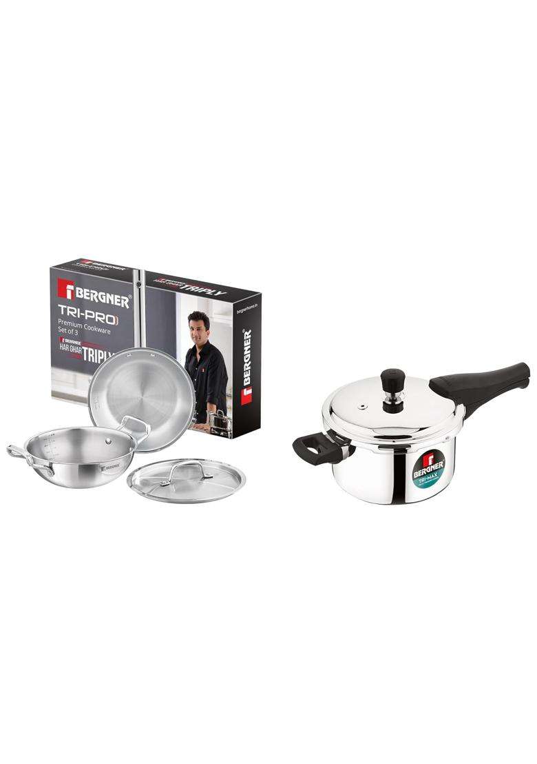 BERGNER TriPro Tri-Ply Stainless Steel Cookware Combo | 3 L | 3.2 Qt | 24 cm | 9.4 Inch | 4-Piece Set | Induction Compatible | With Lid - Indya