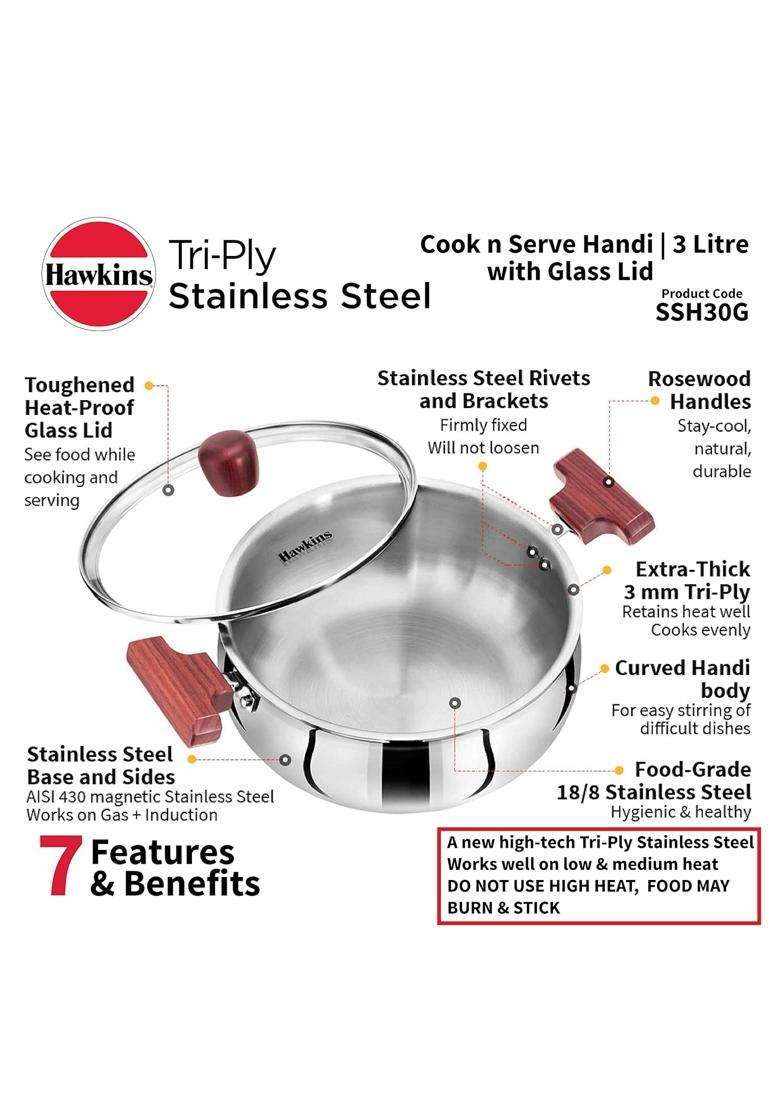 Hawkins Tri-Ply Stainless Steel Cookware | 3 L | 3.2 Qt | Induction Compatible - Indya