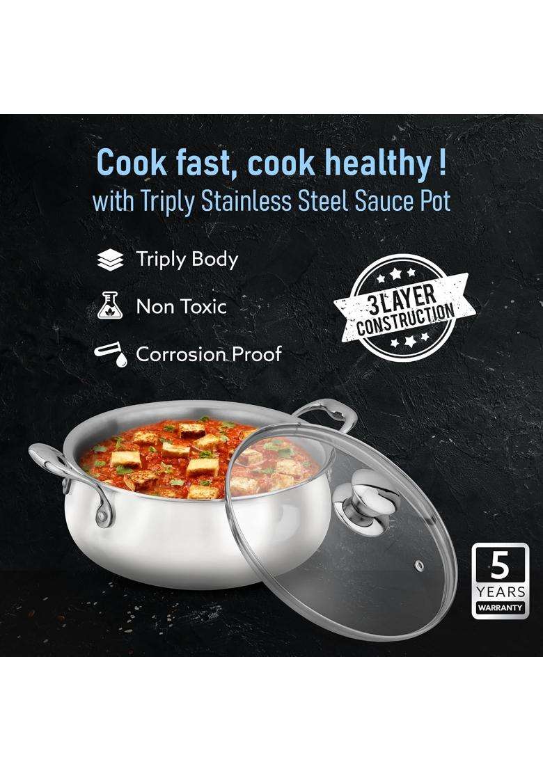AGARO Regency Triply Stainless Steel Saucepot with Glass Lid | 2 L | 2.1 Qt | Induction Compatible - Indya