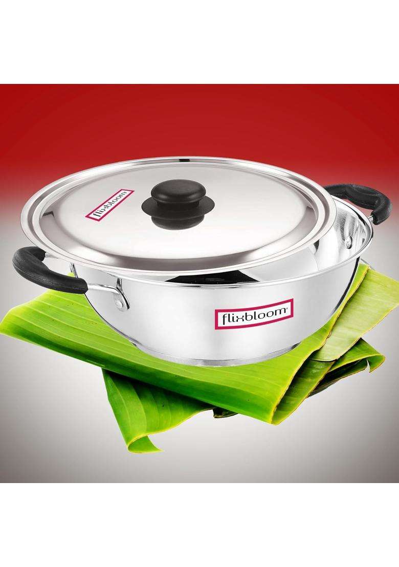 FLIXBLOOM Shine Special Kitchen Cookware Induction and Gas Stove Compatible Cooking Kadai Wok | 2 L | 2.1 Qt | Tri-Ply | With Lid - Indya