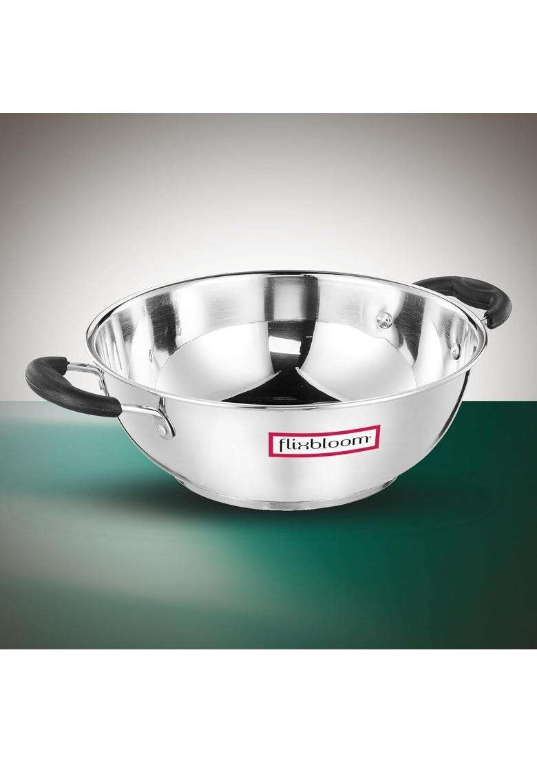 FLIXBLOOM Shine Special Kitchen Cookware Induction and Gas Stove Compatible Cooking Kadai Wok | 2 L | 2.1 Qt | Tri-Ply | With Lid - Indya
