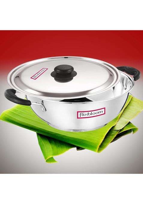 FLIXBLOOM Shine Special Kitchen Cookware Induction and Gas Stove Compatible Cooking Kadai Wok | 2 L | 2.1 Qt | Tri-Ply | With Lid