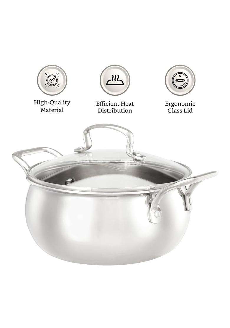 Solimo Amazon Brand Solimo Triply Handi Cooking Pot with Glass Lid | 3 L | 3.2 Qt | 20 cm | 7.9 Inch - Indya