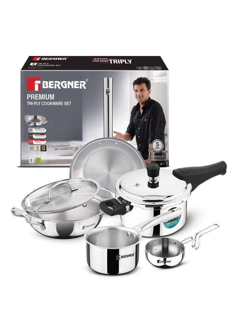 BERGNER Tripro Triply Cookware Set | 3 L | 3.2 Qt | 22 cm | 8.7 Inch | Pack of 6 | Induction Compatible - Indya