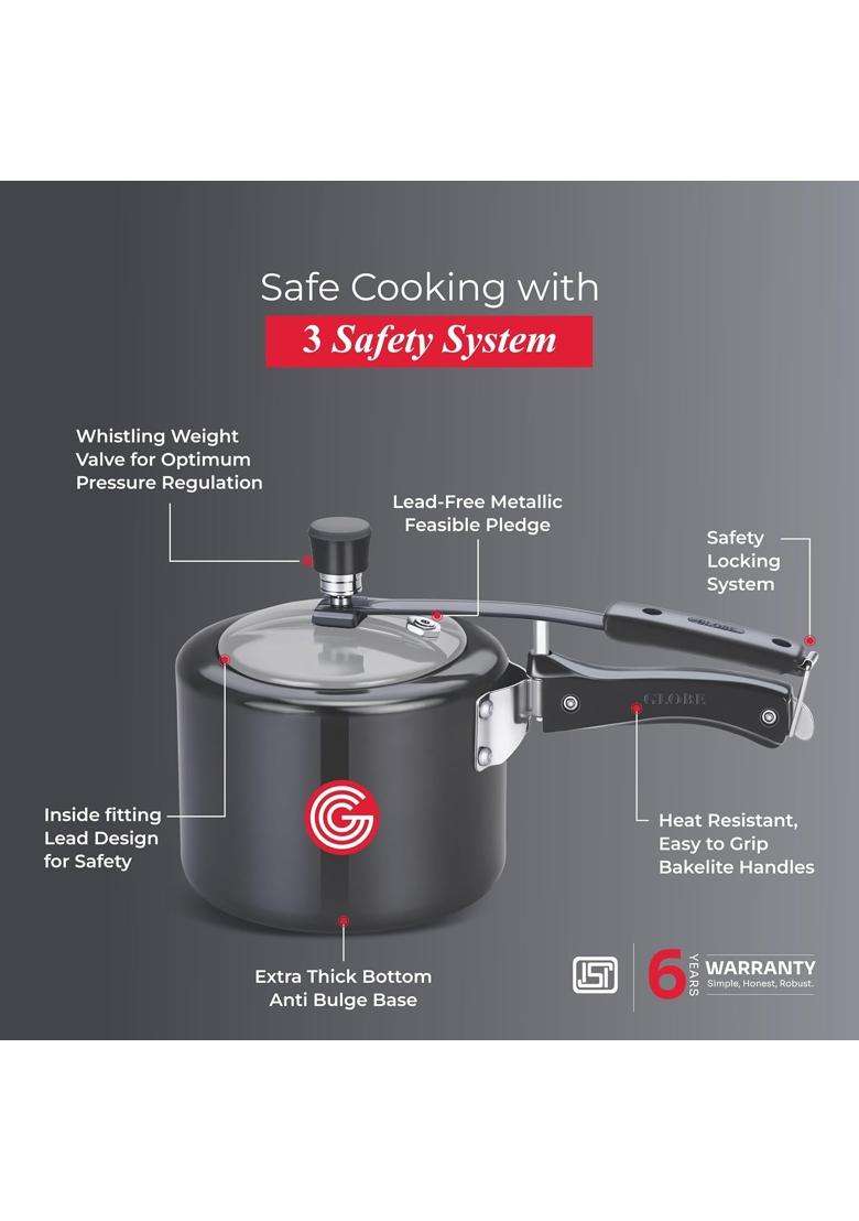 GLOBE Brio Hard Anodised Inner Lid Pressure Cooker | 5 L | 5.3 Qt - Indya