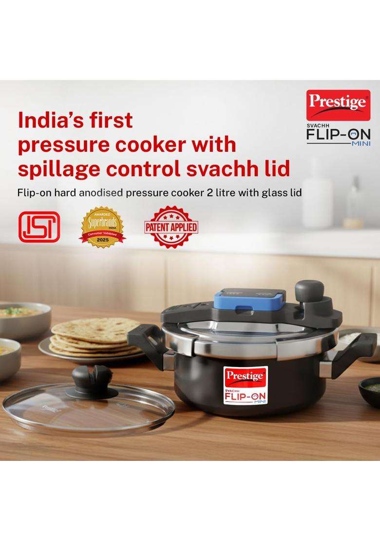 Prestige Svachh Flip-on Mini Hard Anodised Pressure Cooker with Glass Lid | 2 L | 2.1 Qt | Induction Compatible - Indya