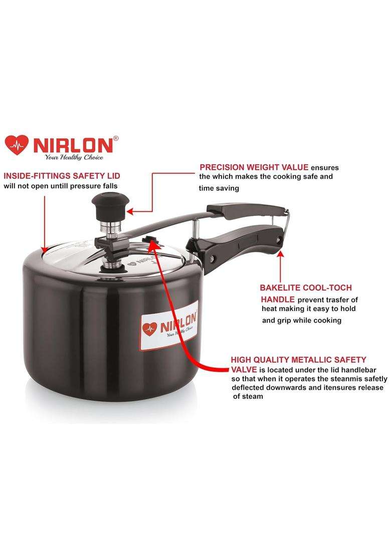 NIRLON Induction and Gas Compatible Hard Anodised Inner Lid Aluminium Pressure Cooker | 3 L | 3.2 Qt - Indya