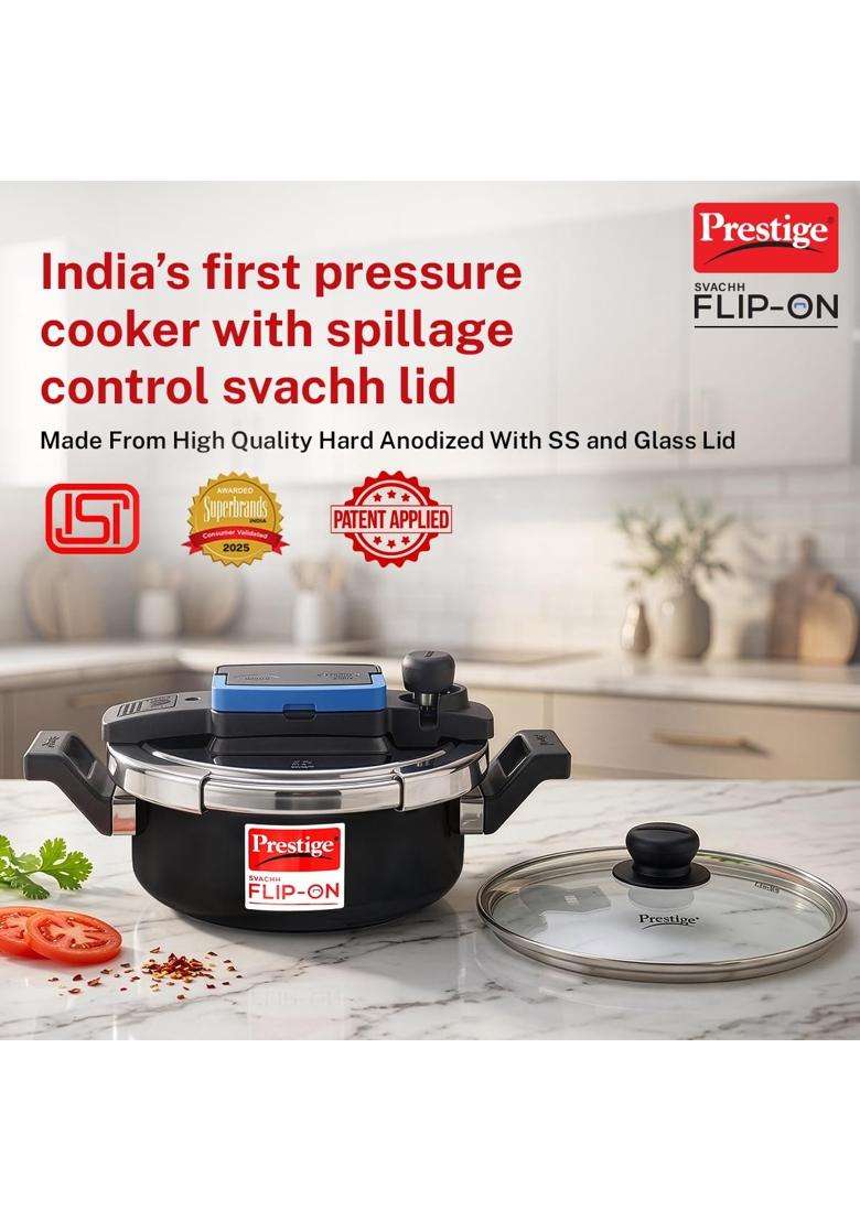 Prestige Svachh Flip-on Hard Anodised Pressure Cooker with Glass Lid | 3 L | 3.2 Qt | Induction Compatible - Indya
