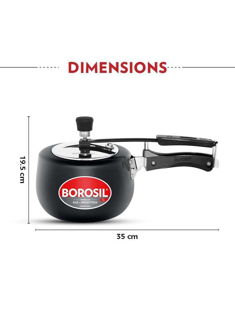 Borosil Pronto Hard Anodized Pressure Cooker with Stainless Steel Lid | 3 L | 3.2 Qt | Induction Compatible | Dishwasher Safe - Indya