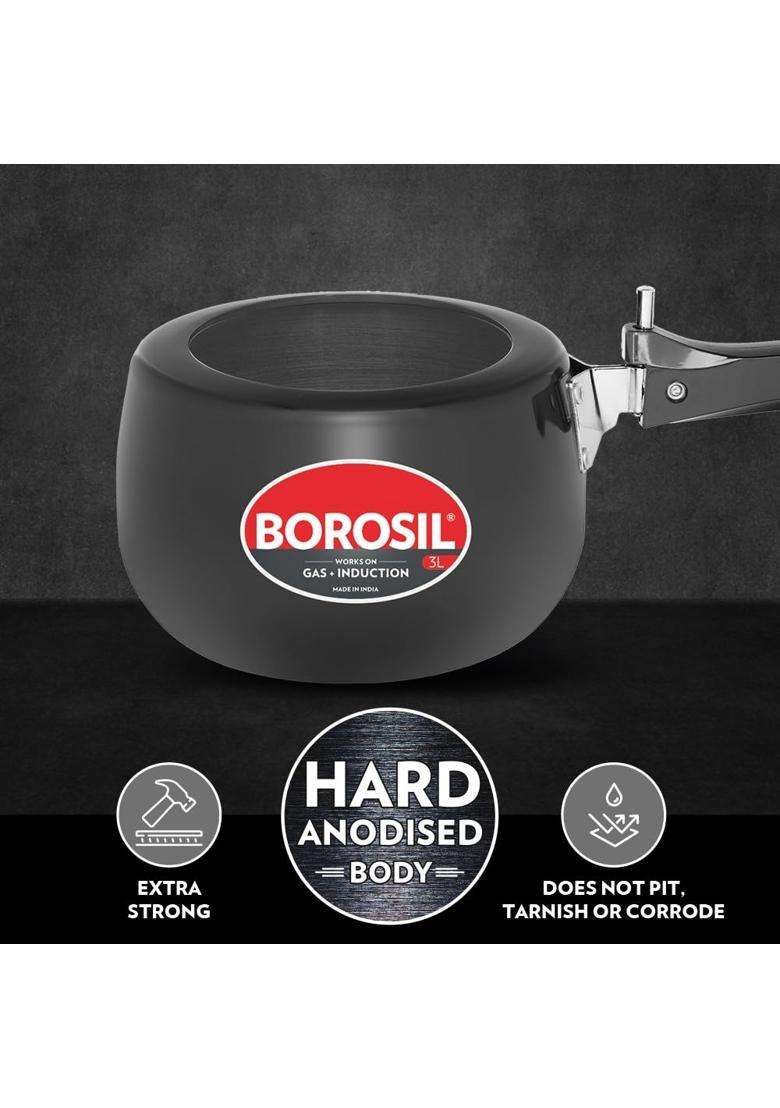 Borosil Pronto Hard Anodized Pressure Cooker with Stainless Steel Lid | 3 L | 3.2 Qt | Induction Compatible | Dishwasher Safe - Indya