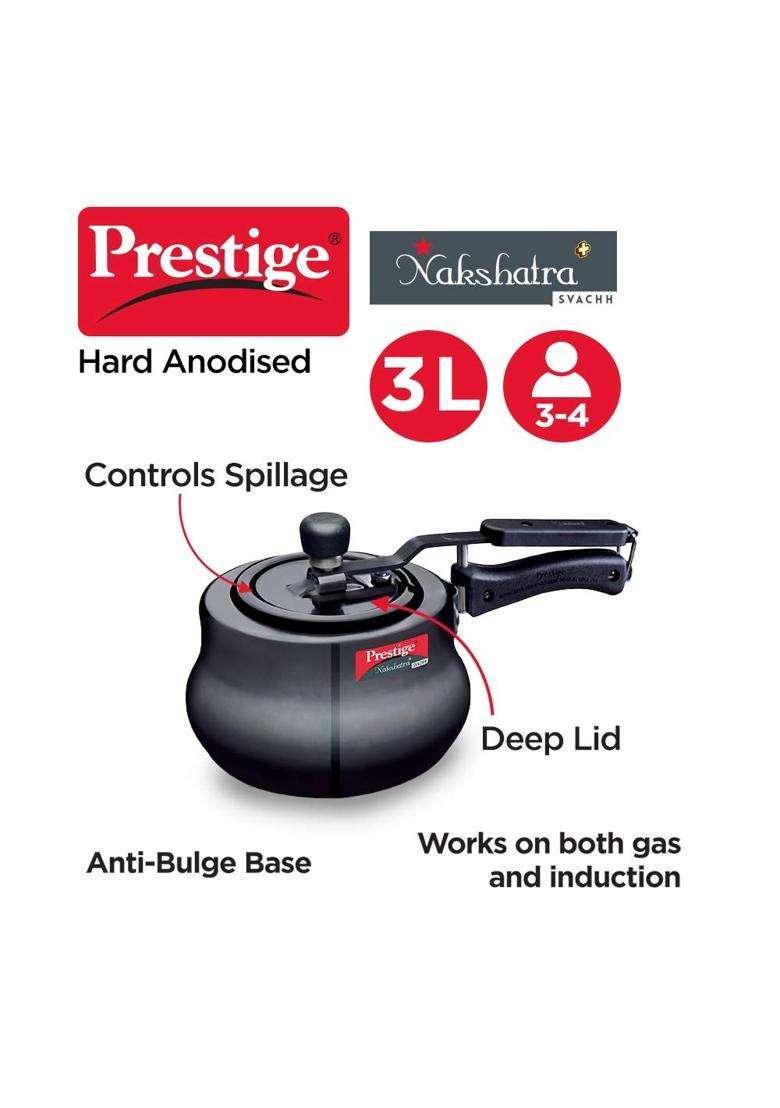 Prestige Nakshatra Plus Svachh Hard Anodised Spillage Control Handi Cooking Pot Inner Lid Pressure | 3 L | 3.2 Qt | Non-Stick - Indya
