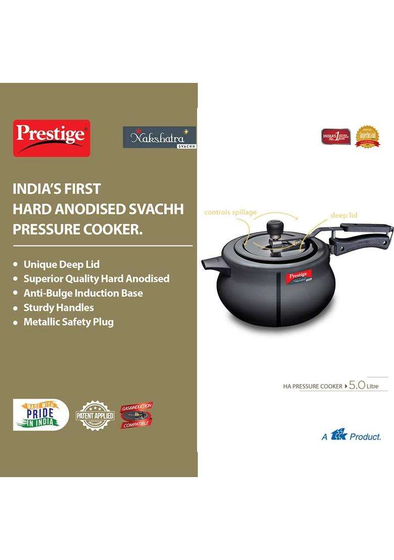 Prestige Svachh Nakshatra Plus Hard Anodised Aluminium Inner Lid Pressure Handi Cooking Pot | 5 L | 5.3 Qt | 26 cm | 10.2 Inch - Indya