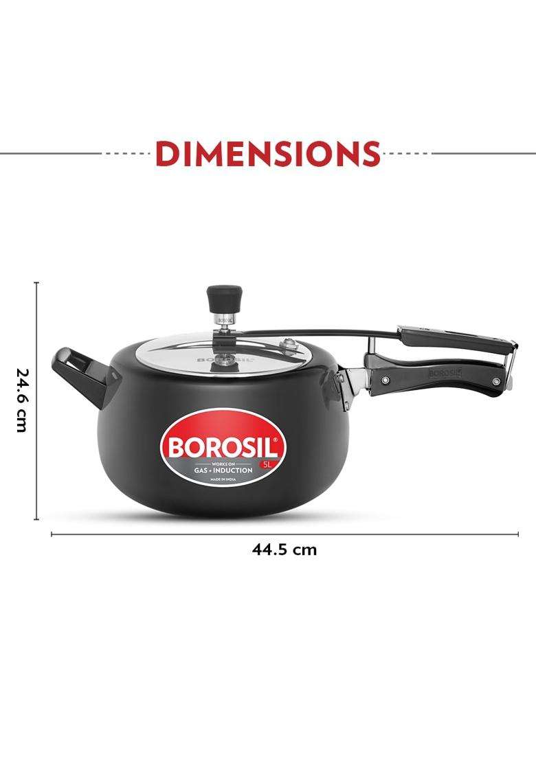 Borosil Pronto Hard Anodized Pressure Cooker with Stainless Steel Lid | 5 L | 5.3 Qt | Induction Compatible | Dishwasher Safe - Indya
