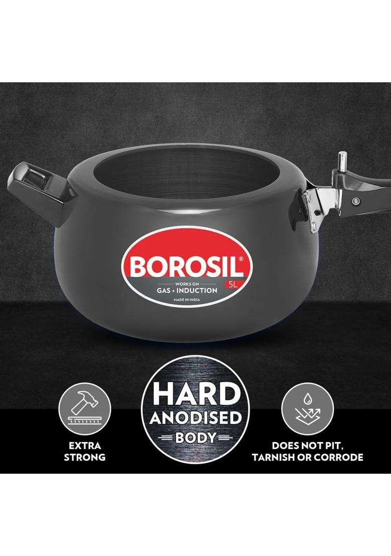 Borosil Pronto Hard Anodized Pressure Cooker with Stainless Steel Lid | 5 L | 5.3 Qt | Induction Compatible | Dishwasher Safe - Indya