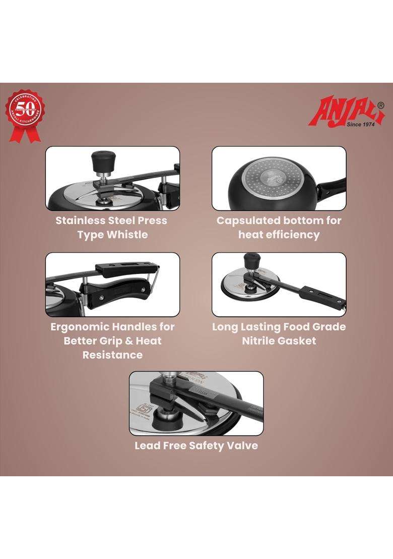ANJALI Hard Anodised Pressure Cooker with Inner Lid | 1.5 L | 1.6 Qt | Induction Compatible - Indya