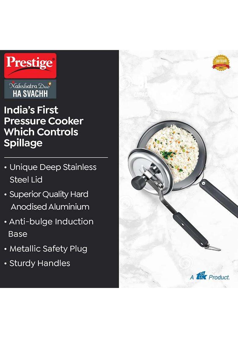 Prestige Nakshatra Duo Plus Svachh Hard Anodised Aluminium Pressure Cooker | 2 L | 2.1 Qt - Indya