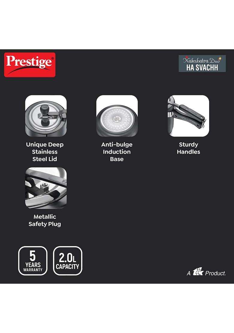 Prestige Nakshatra Duo Plus Svachh Hard Anodised Aluminium Pressure Cooker | 2 L | 2.1 Qt - Indya