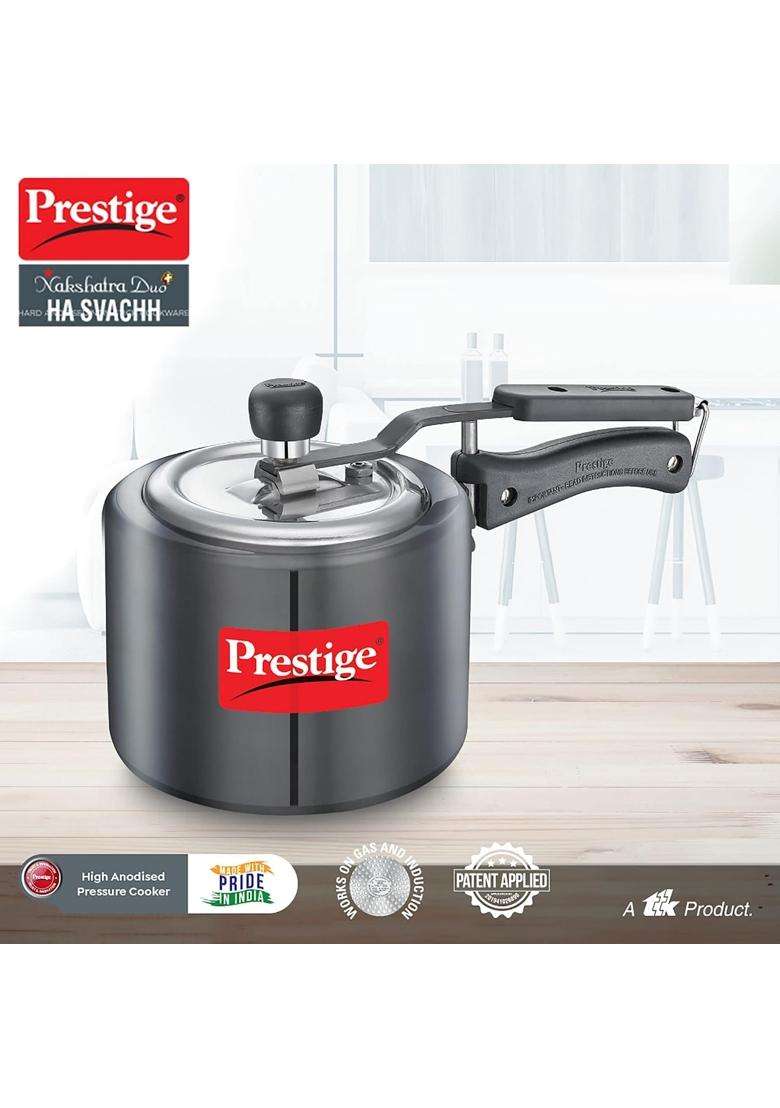 Prestige Nakshatra Duo Plus Svachh Hard Anodised Aluminium Pressure Cooker | 2 L | 2.1 Qt - Indya