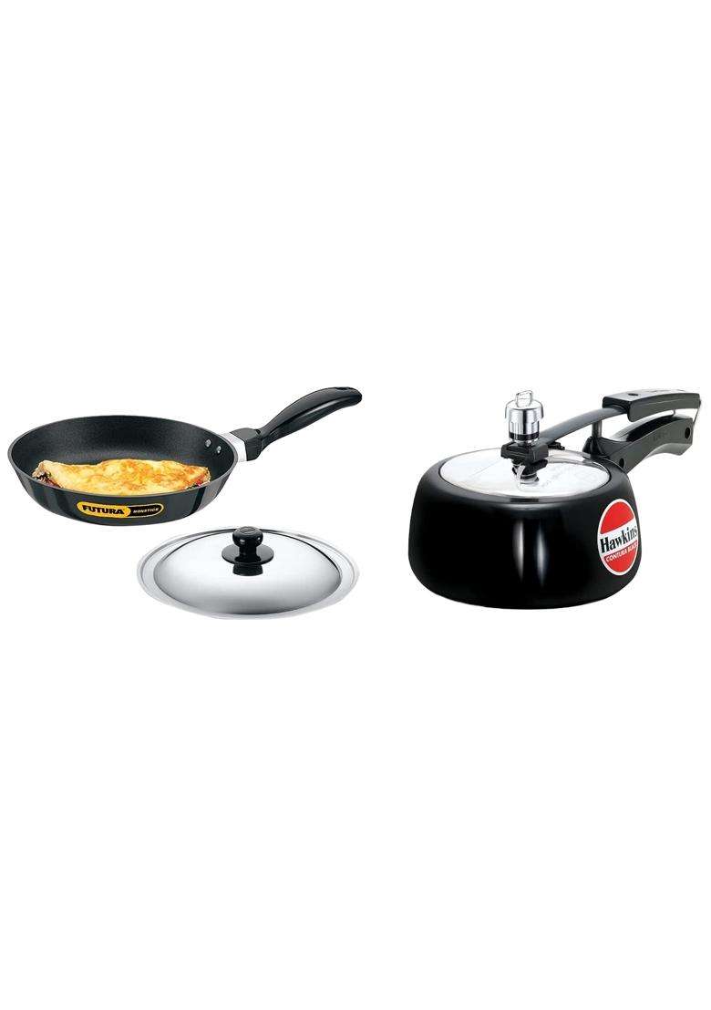 Hawkins Contura Black Pressure Cooker | 1.5 L | 1.6 Qt | 22 cm | 8.7 Inch | Non-Stick | With Lid - Indya