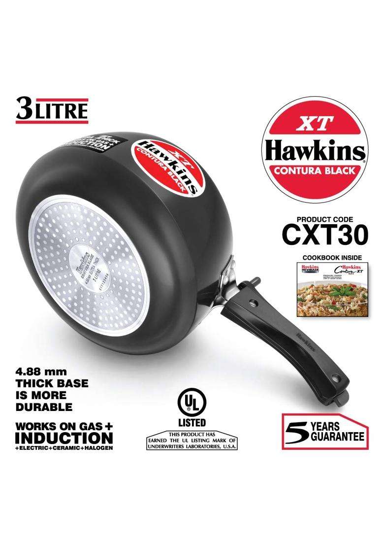 Hawkins Contura Black XT Induction Compatible Aluminium Inner Lid Pressure Cooker | 3 L | 3.2 Qt | Non-Stick - Indya