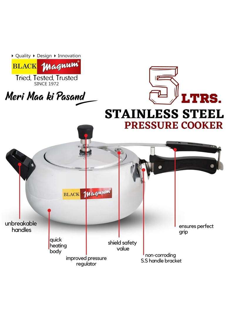Black Magnum White Series Handi Cooking Pot Pressure Cooker Induction Compatible Model No | 5 L | 5.3 Qt - Indya