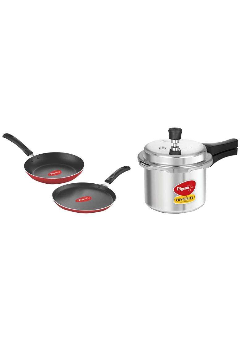 Pigeon Aluminium Nonstick Duo Pack Flat Tawa Flat Griddle 250 and Fry Pan 200 Gift Set | 3 L | 3.2 Qt - Indya