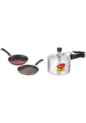 Pigeon Aluminium Nonstick Duo Pack Flat Tawa Flat Griddle 250 and Fry Pan 200 Gift Set | 3 L | 3.2 Qt | Induction Compatible